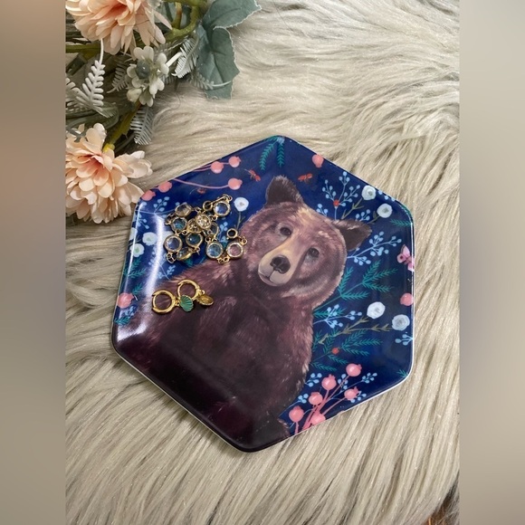 Bear & Floral Painting Art hexagon trinket Dish 5” X 6” - Picture 2 of 4